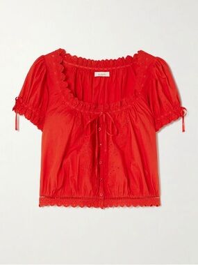 Doen Nera Broderie Anglaise Organic Cotton-Voile Top Red